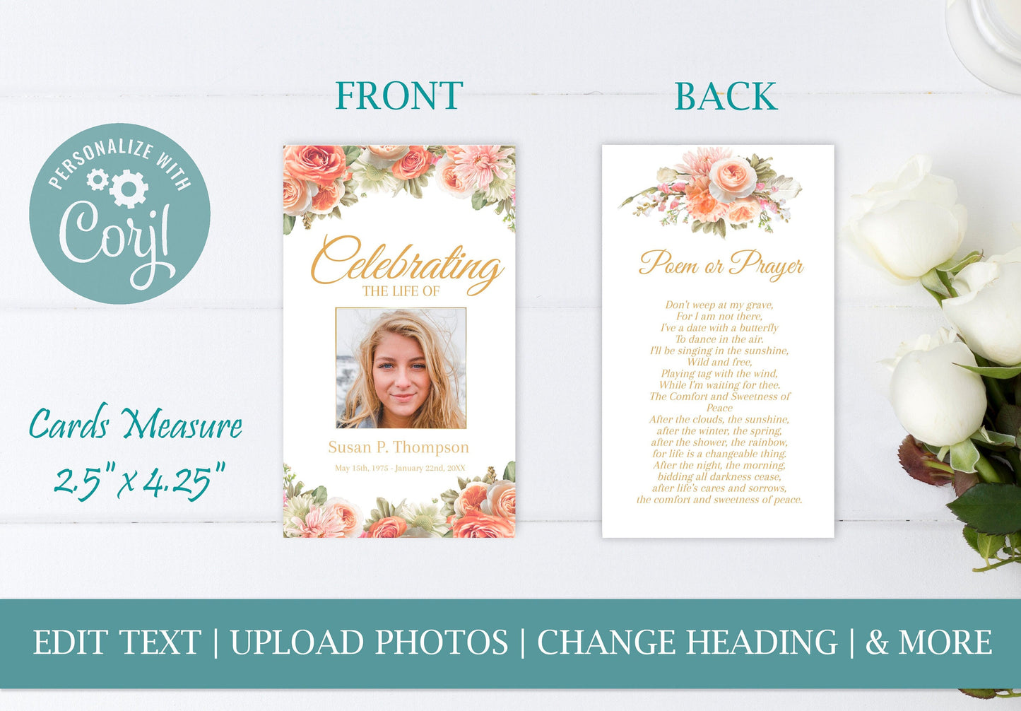 Peach Floral Themed Funeral Prayer Cards Template