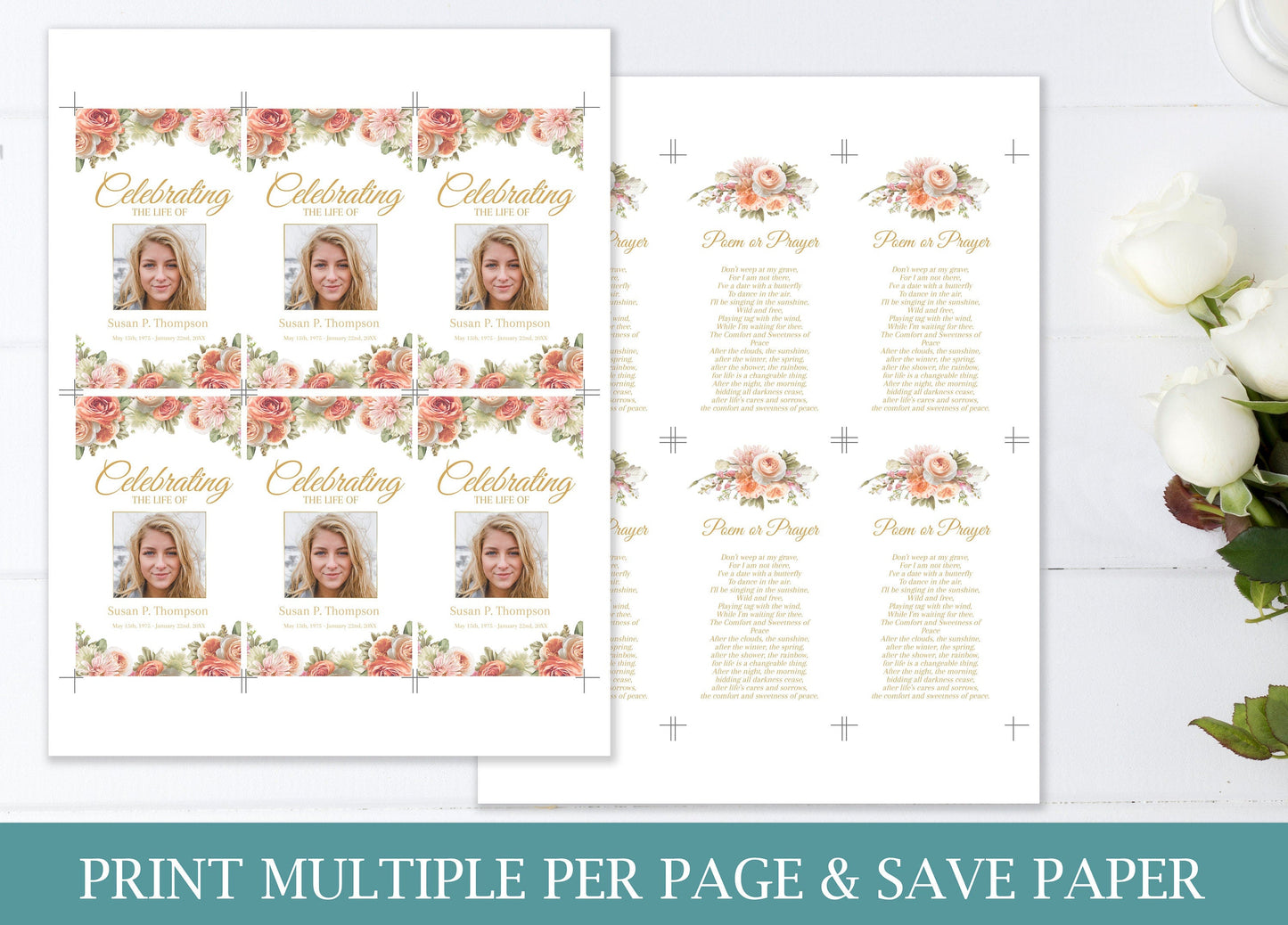 Peach Floral Themed Funeral Prayer Cards Template
