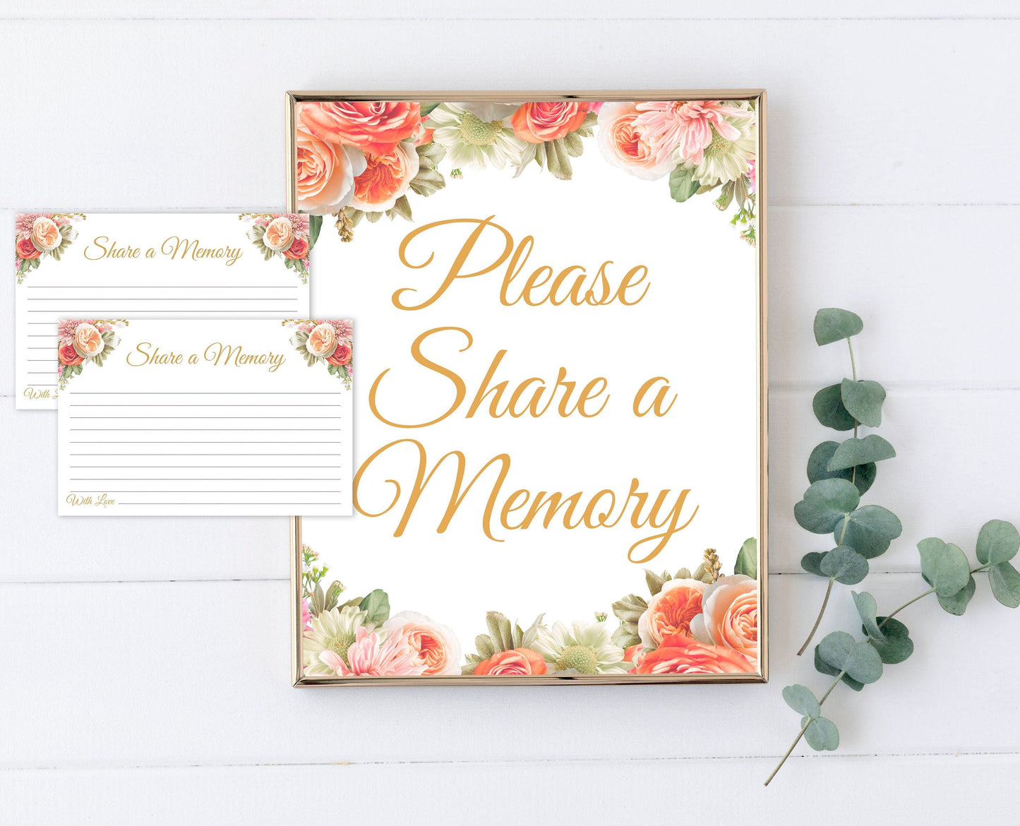 Share a Memory Sign and Cards for Funeral | Peach Floral Memorial Keepsake | Pink Floral Celebration of Life Favors | B107