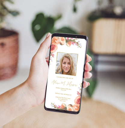 cell phone being held with funeral invitation template shown