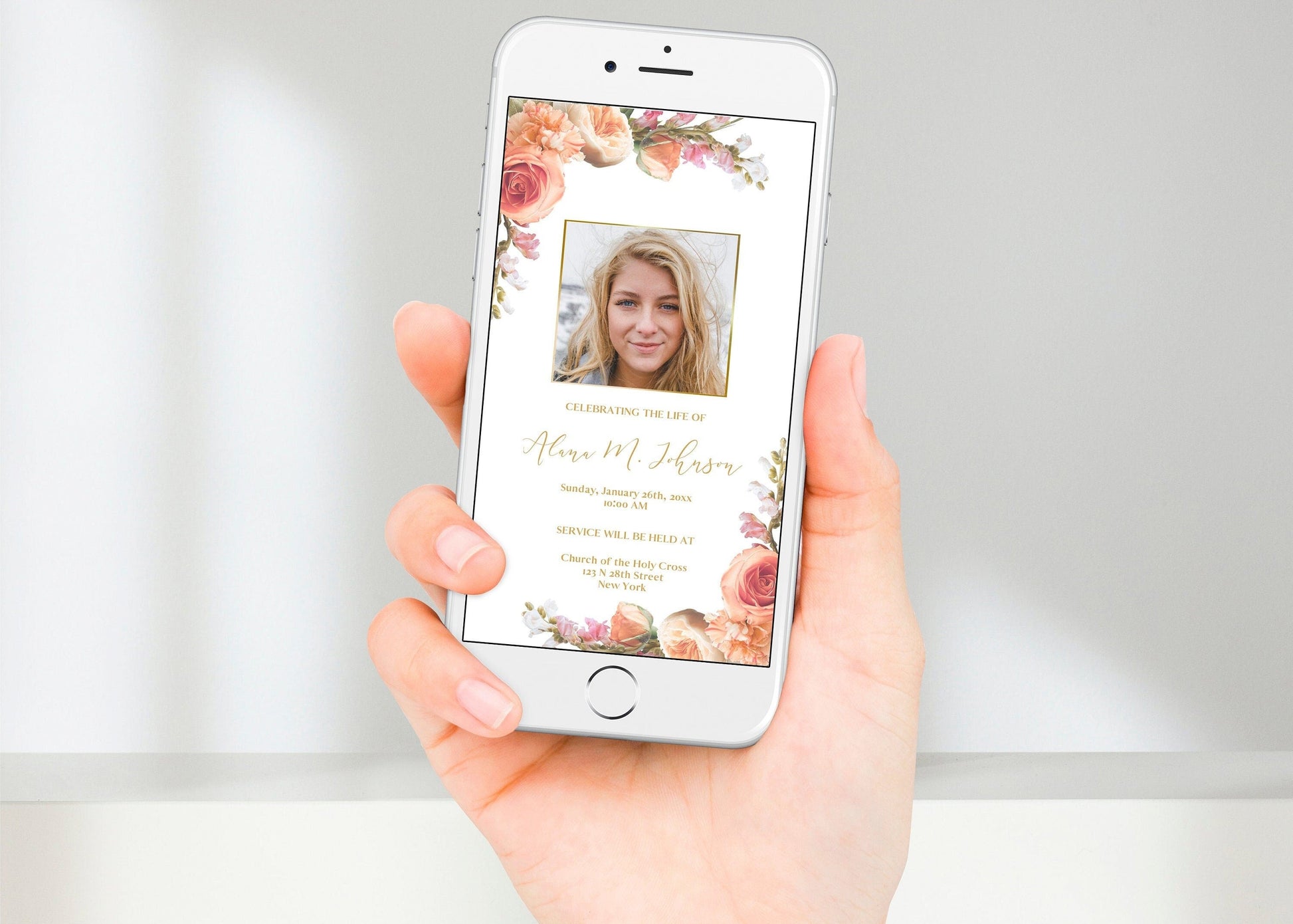 digital and physical funeral invitation template peach roses