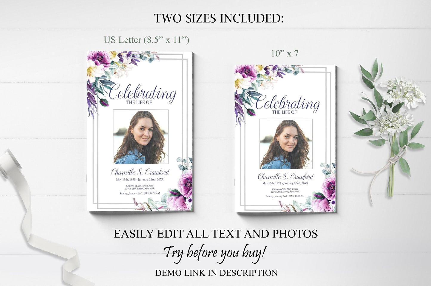 Purple Funeral Program Template For Woman | Purple Flowers Obituary Template |  Lily Celebration of Life Program |   B170