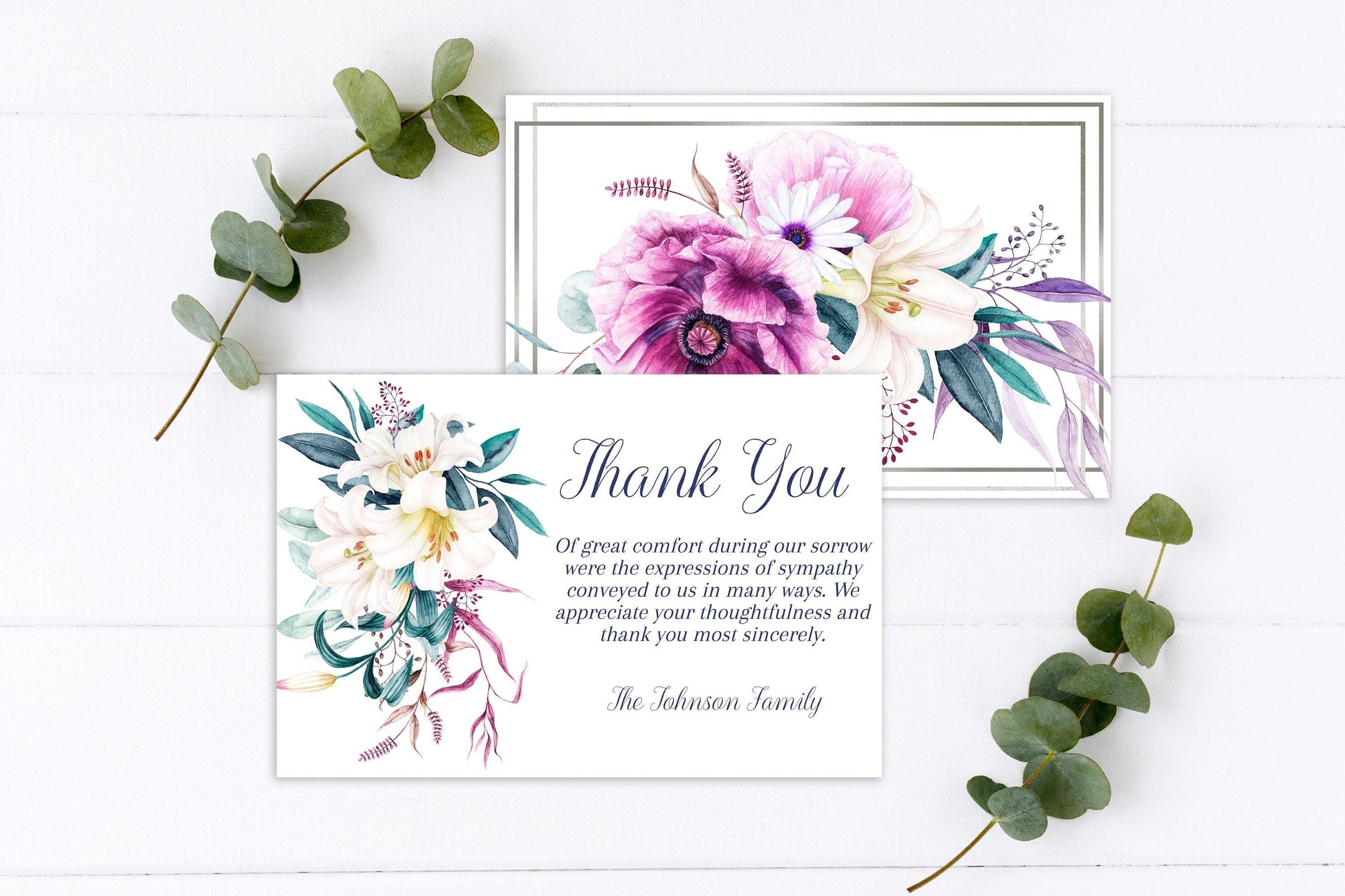 Purple flower theme funeral thank you card template