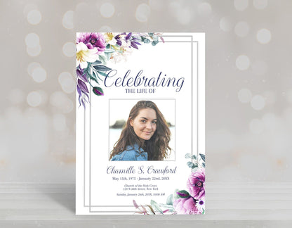 Lily Floral funeral invitation template with grey borders