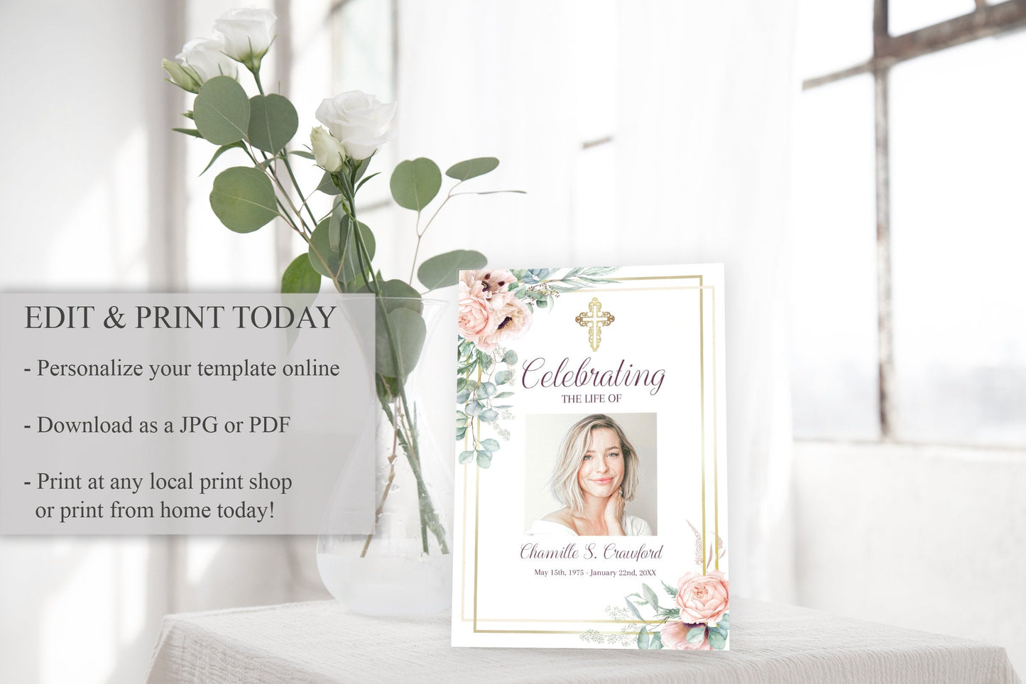Gold Cross Funeral Program Template For Woman |  Pink Floral Obituary Template | Pink Roses Celebration of Life Program | B150
