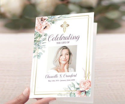 Gold Cross Funeral Program Template For Woman |  Pink Floral Obituary Template | Pink Roses Celebration of Life Program | B150