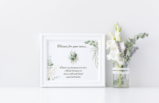 Tissues for Your Tears Sign for Funeral | Greenery & Gold Memorial Sign | Greenery Eucalyptus Celebration of Life Favors | B102