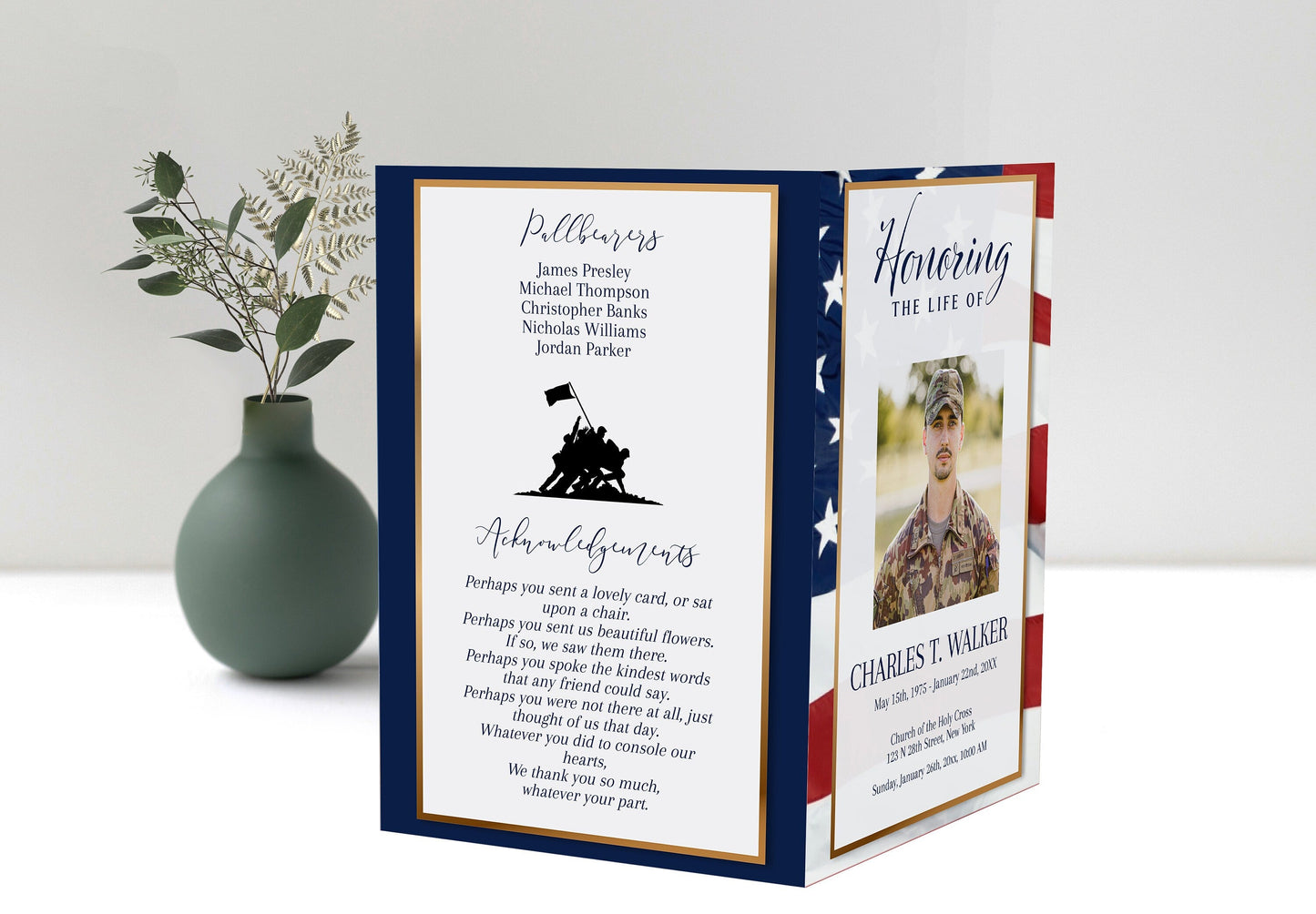 American Flag Themed Funeral Program Template - 8 Page
