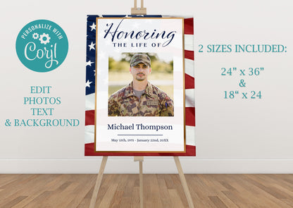 American Flag Funeral Welcome Sign | Military Funeral Poster Photo Sign | Celebration of Life Sign | Veteran Memorial Poster | B180