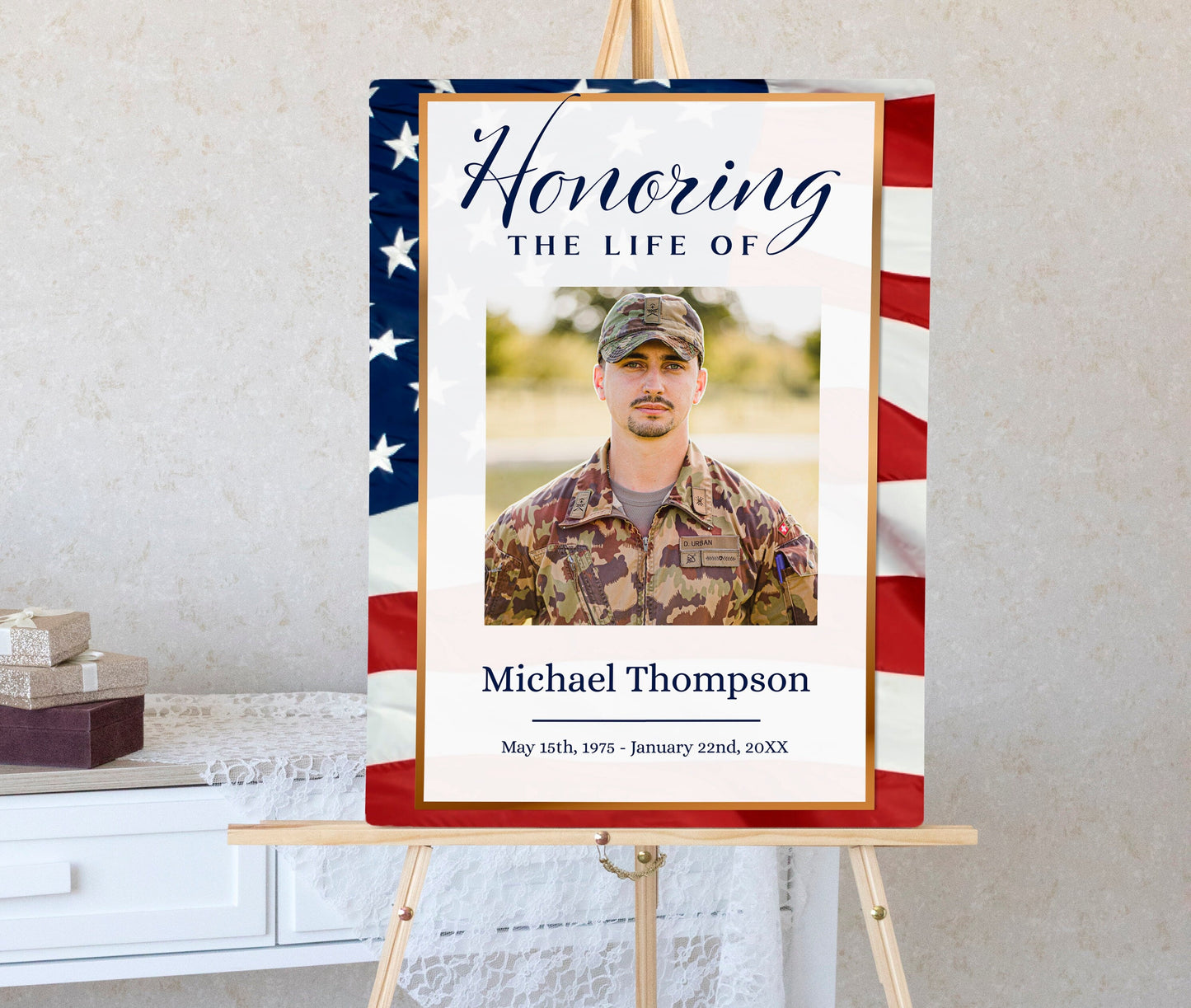 American Flag Funeral Welcome Sign | Military Funeral Poster Photo Sign | Celebration of Life Sign | Veteran Memorial Poster | B180
