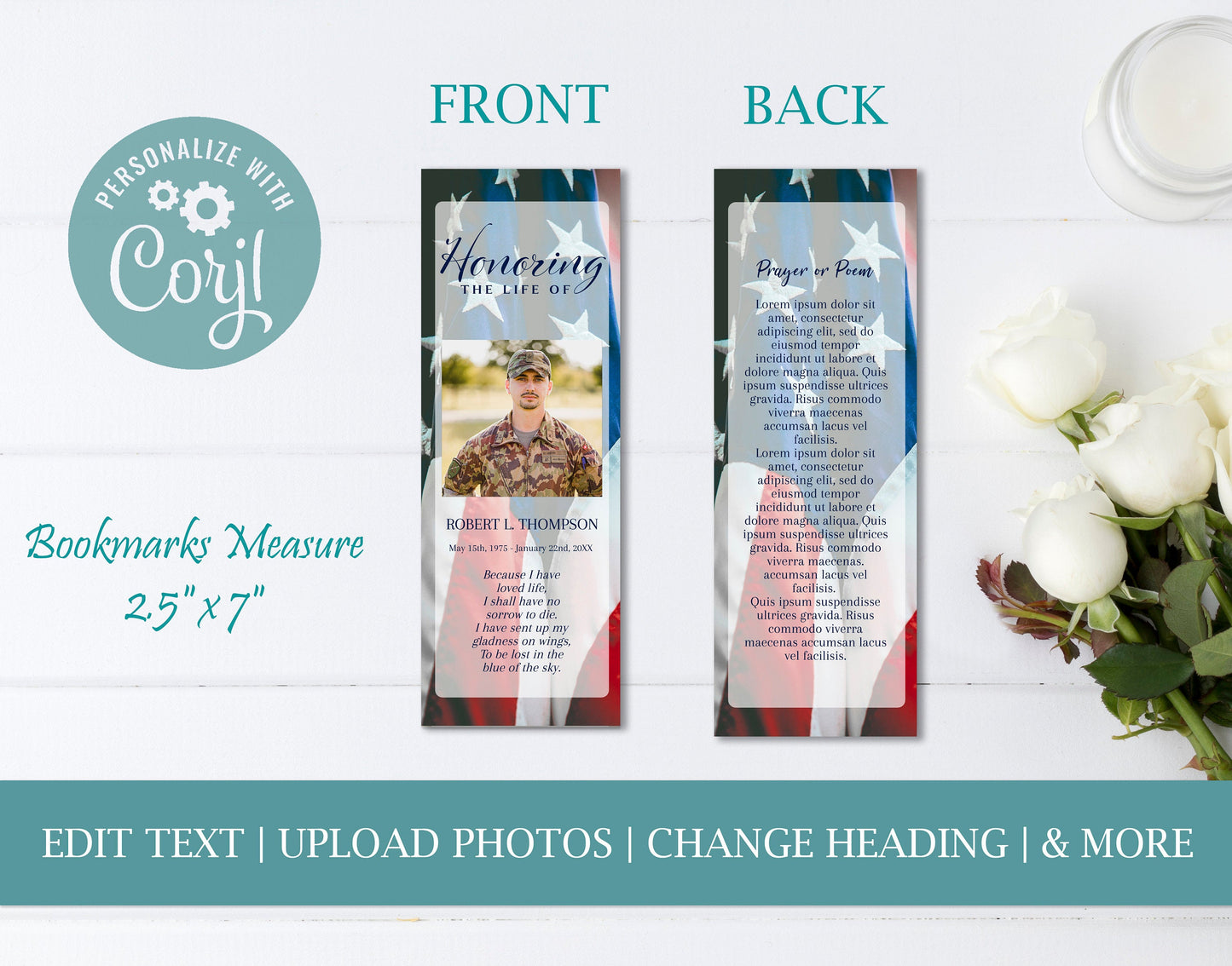 veteran funeral bookmark template - matching program and poster -