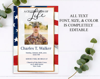 funeral announcement template with american flag poster background