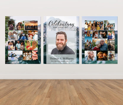 Mountain Funeral Poster Photo Display Set | Memorial Poster for Funeral | Blue Mountain Lake Photo Collage Template | A110