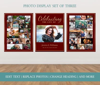Red & Gold Design Funeral Poster Photo Display -Set of 3