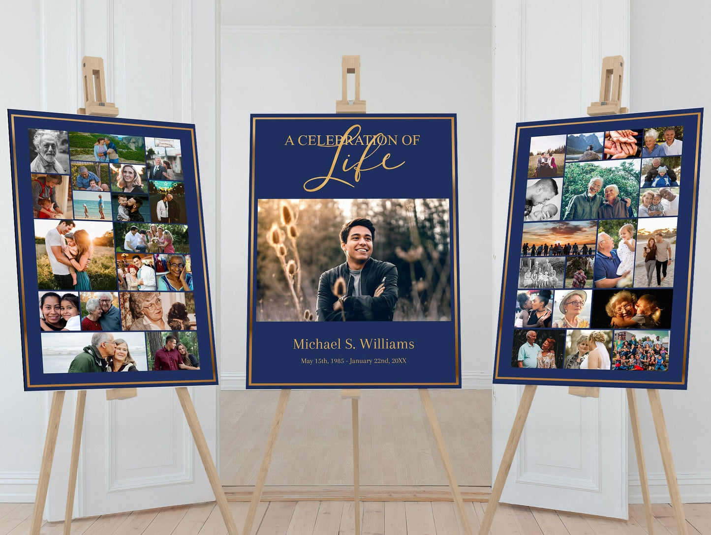 Blue Background Gold Text Funeral Poster Template - Set of 3