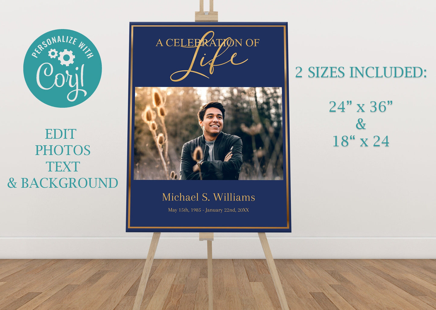 Blue Background Gold Text Funeral Poster Template - Set of 3