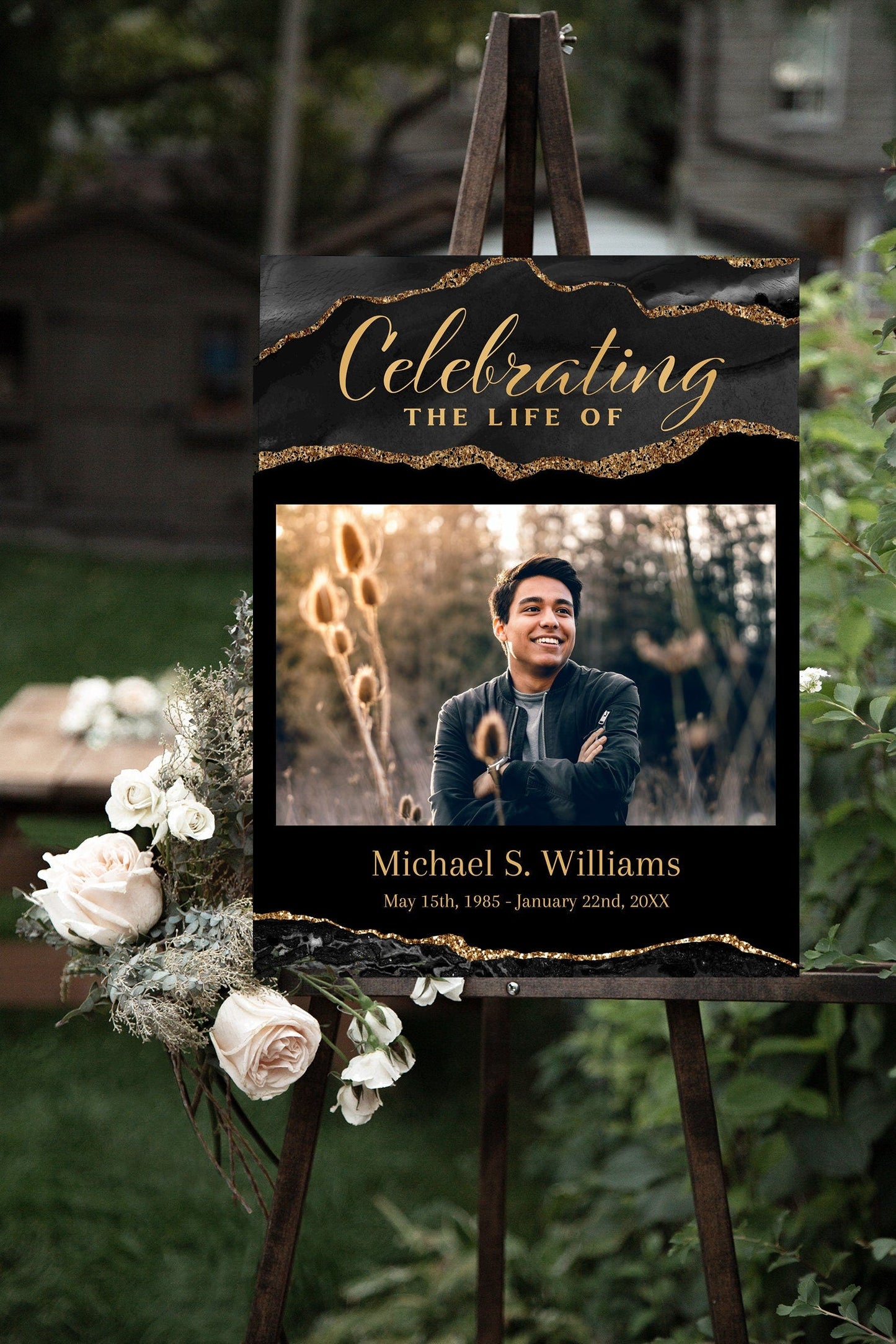 Black and Gold Agate Editable Celebration Of Life Poster Template