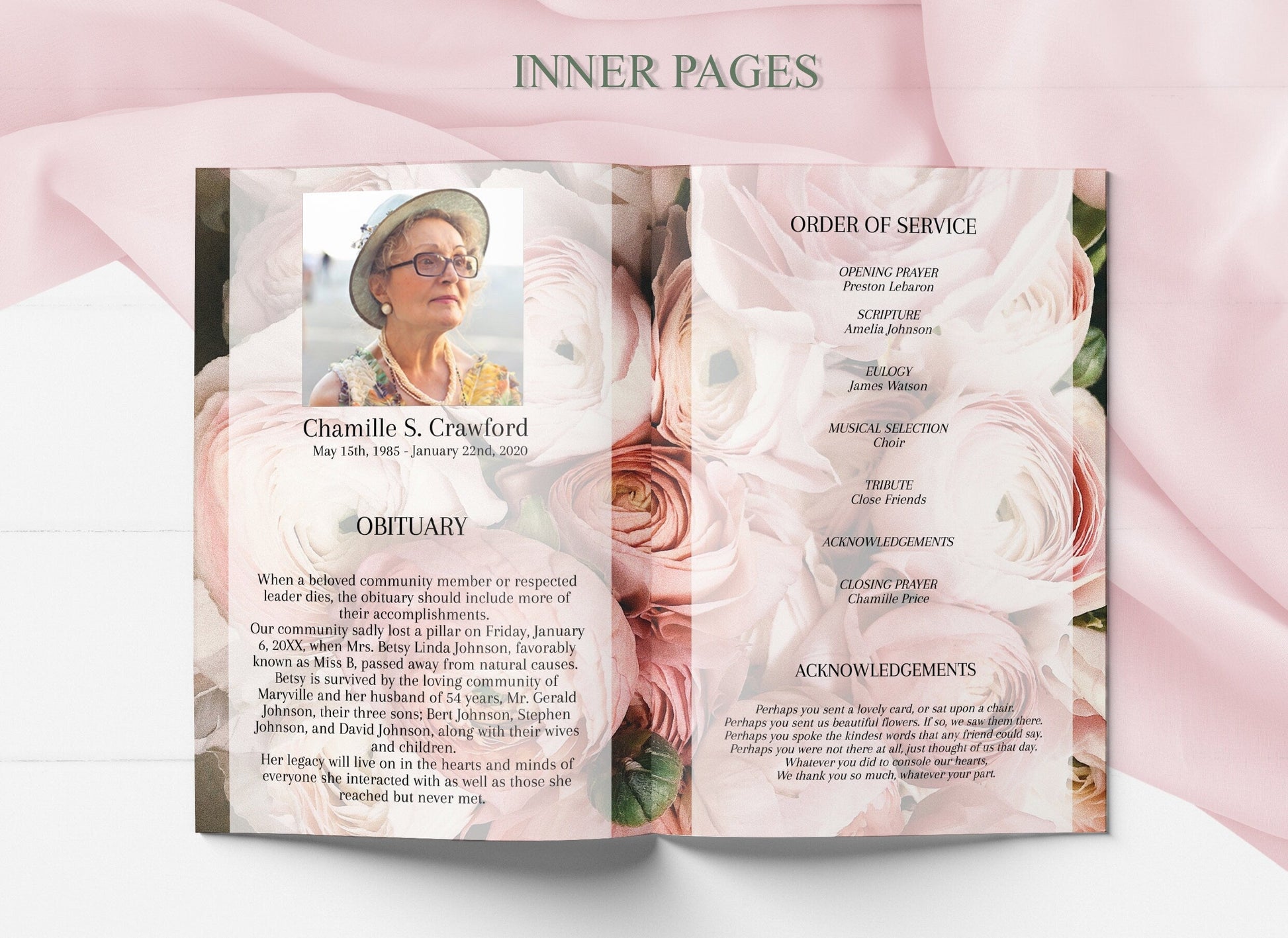 Lots of Roses Theme Funeral Program Template - 4 page - lovingmemoryprints