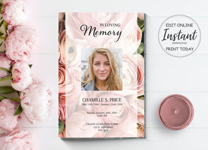 Lots of Roses Theme Funeral Program Template - 4 page - lovingmemoryprints