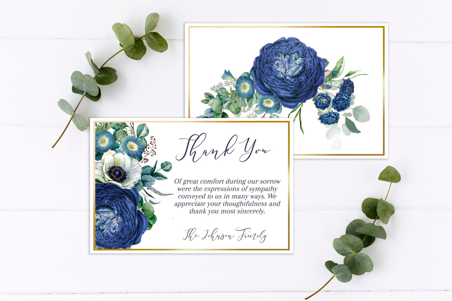 Navy Blue Roses Funeral Thank You Cards Template - lovingmemoryprints
