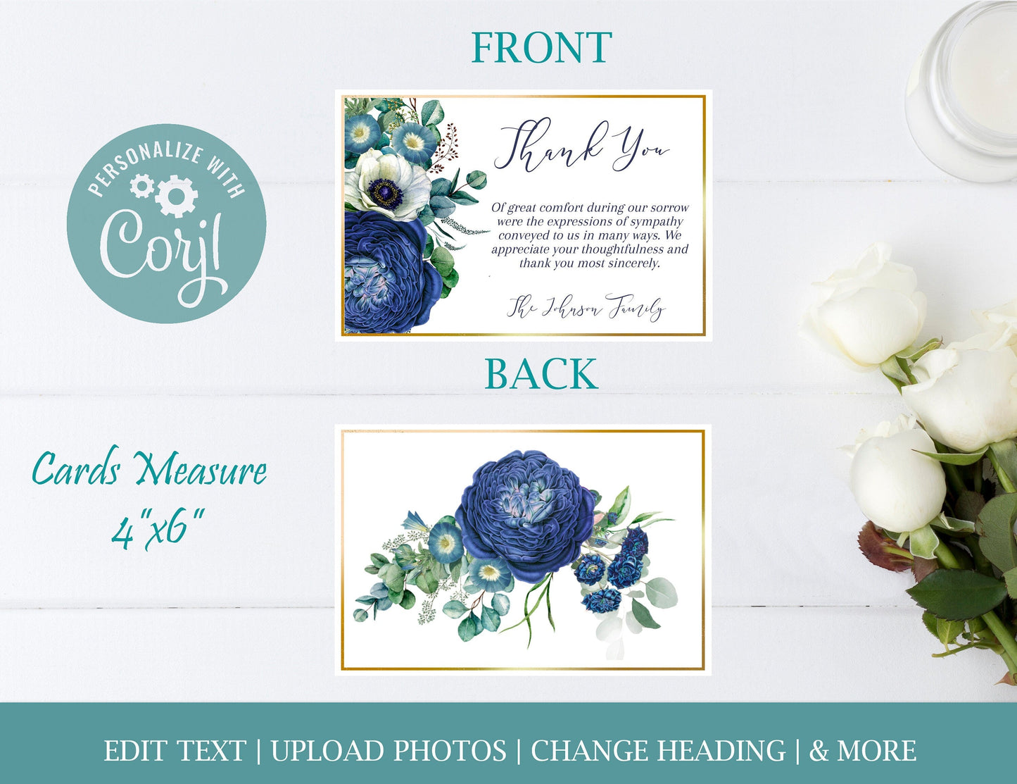 Navy Blue Roses Funeral Thank You Cards Template - lovingmemoryprints
