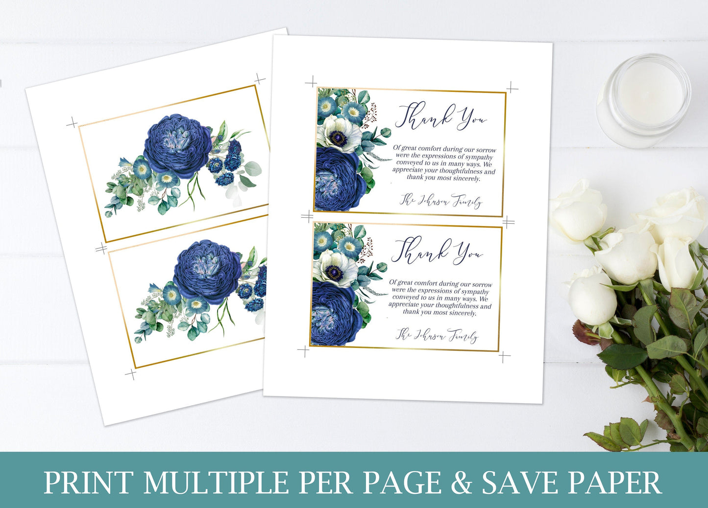 Navy Blue Roses Funeral Thank You Cards Template - lovingmemoryprints