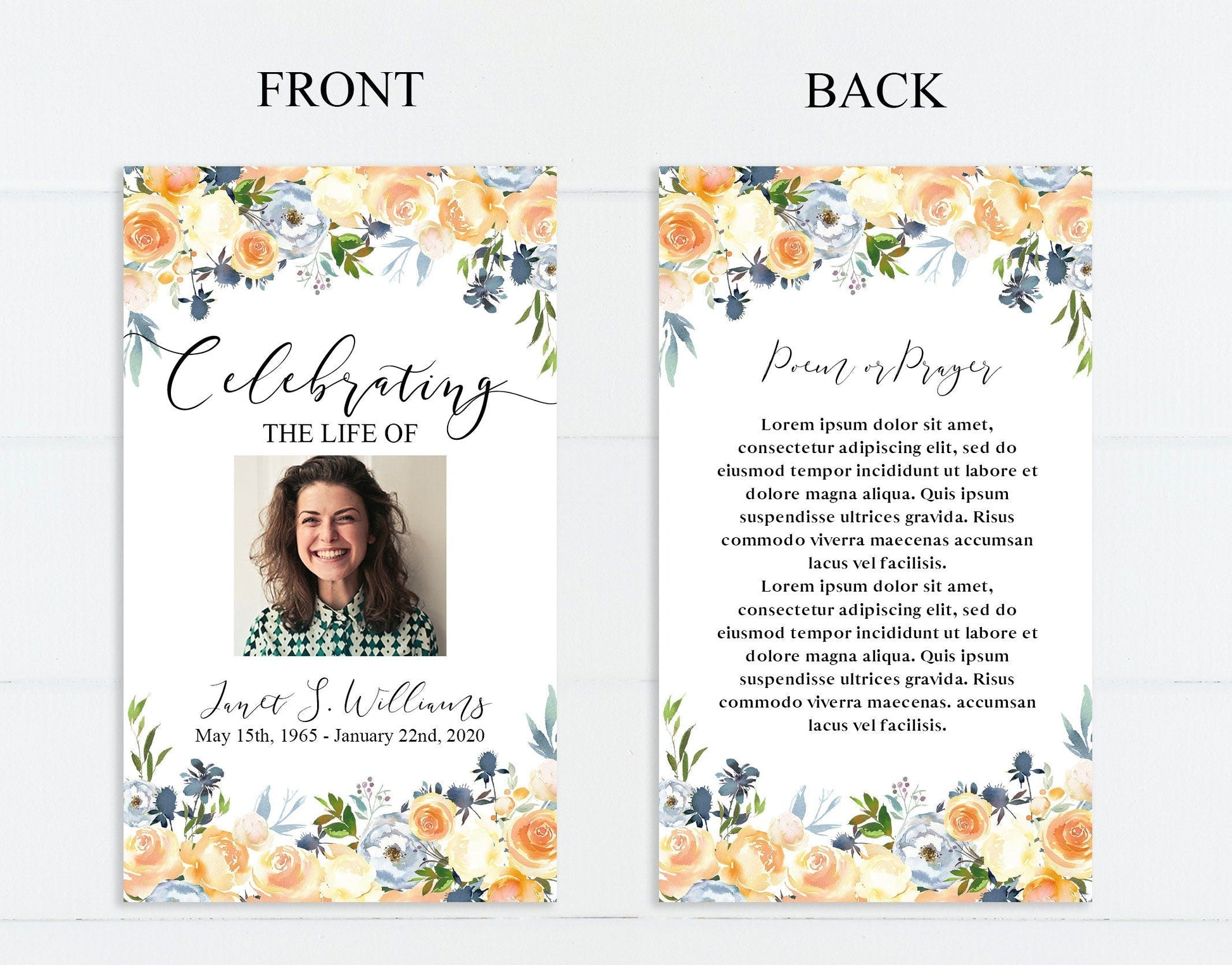 Peach Floral Funeral Prayer Cards Template - lovingmemoryprints