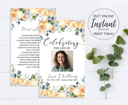 Peach Floral Funeral Prayer Cards Template - lovingmemoryprints