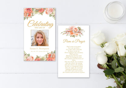 Peach Floral Themed Funeral Prayer Cards Template - lovingmemoryprints
