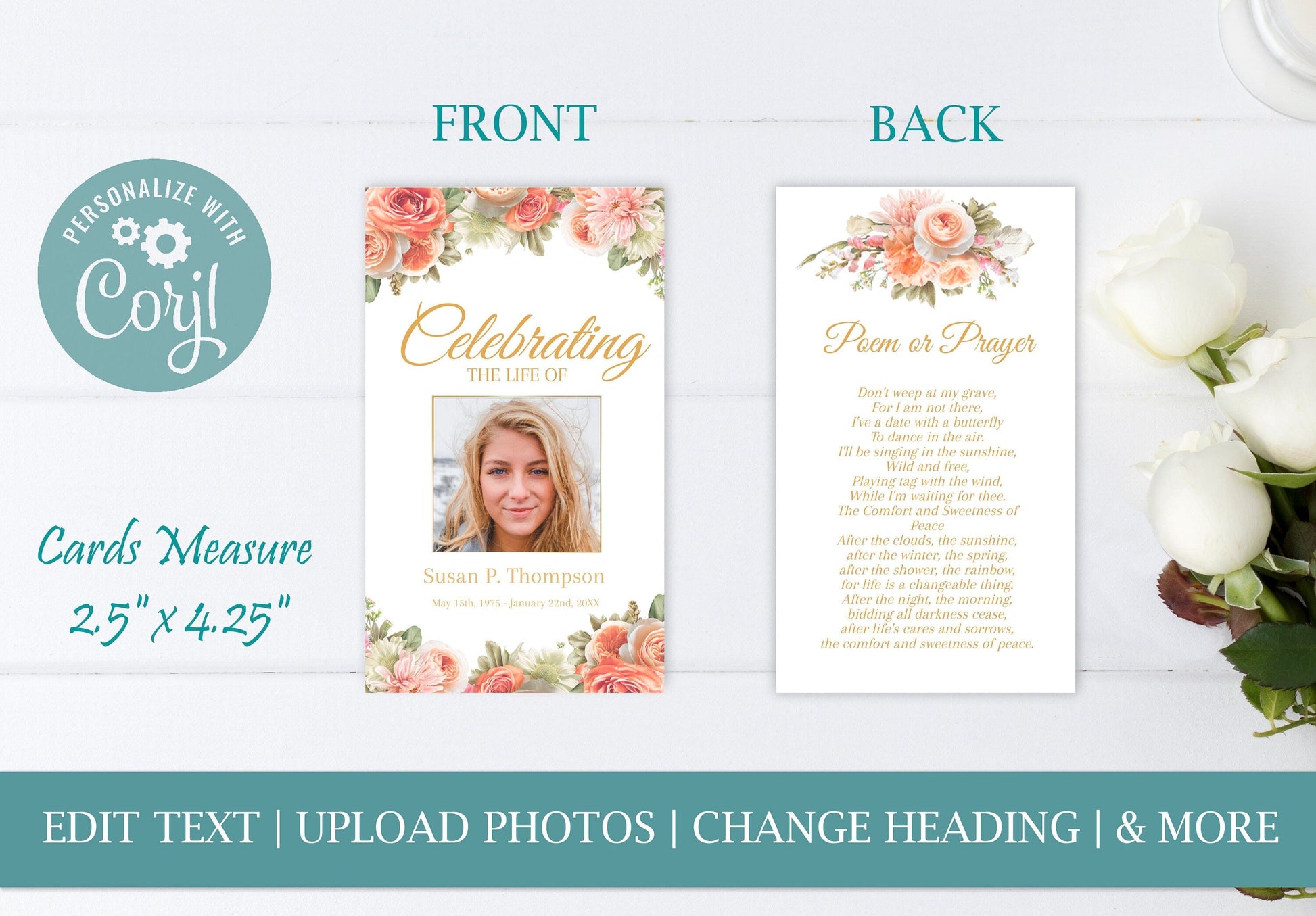 Peach Floral Themed Funeral Prayer Cards Template - lovingmemoryprints