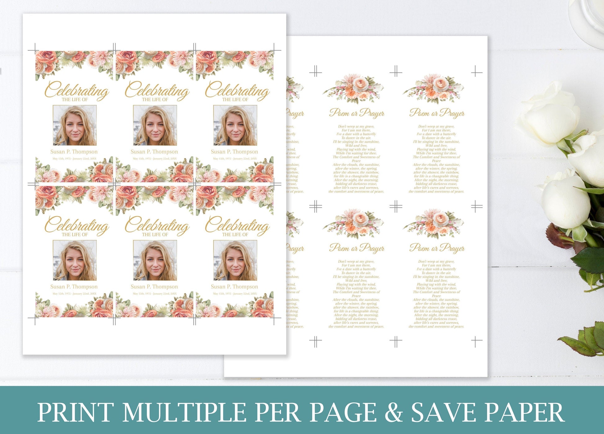 Peach Floral Themed Funeral Prayer Cards Template - lovingmemoryprints