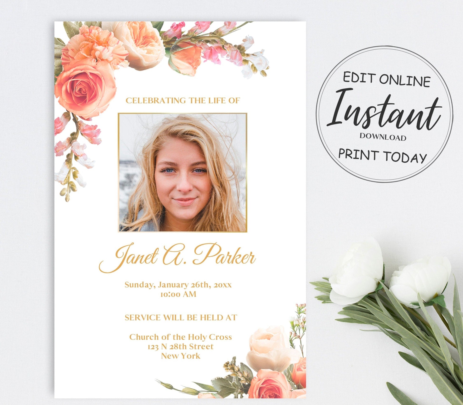 Peach Flower Funeral Announcement Template - lovingmemoryprints