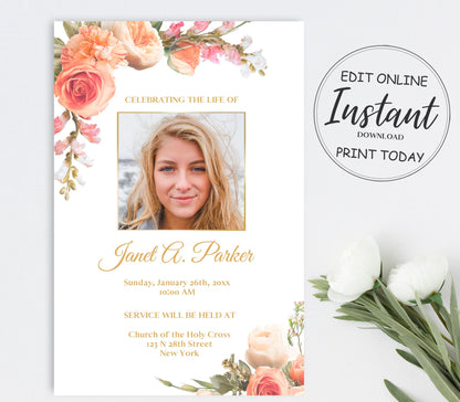 Peach Flower Funeral Announcement Template - lovingmemoryprints