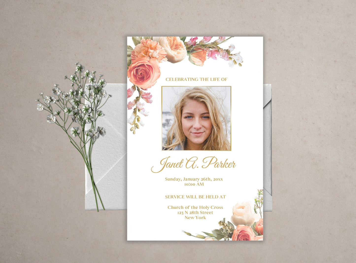 Peach Flower Funeral Announcement Template - lovingmemoryprints