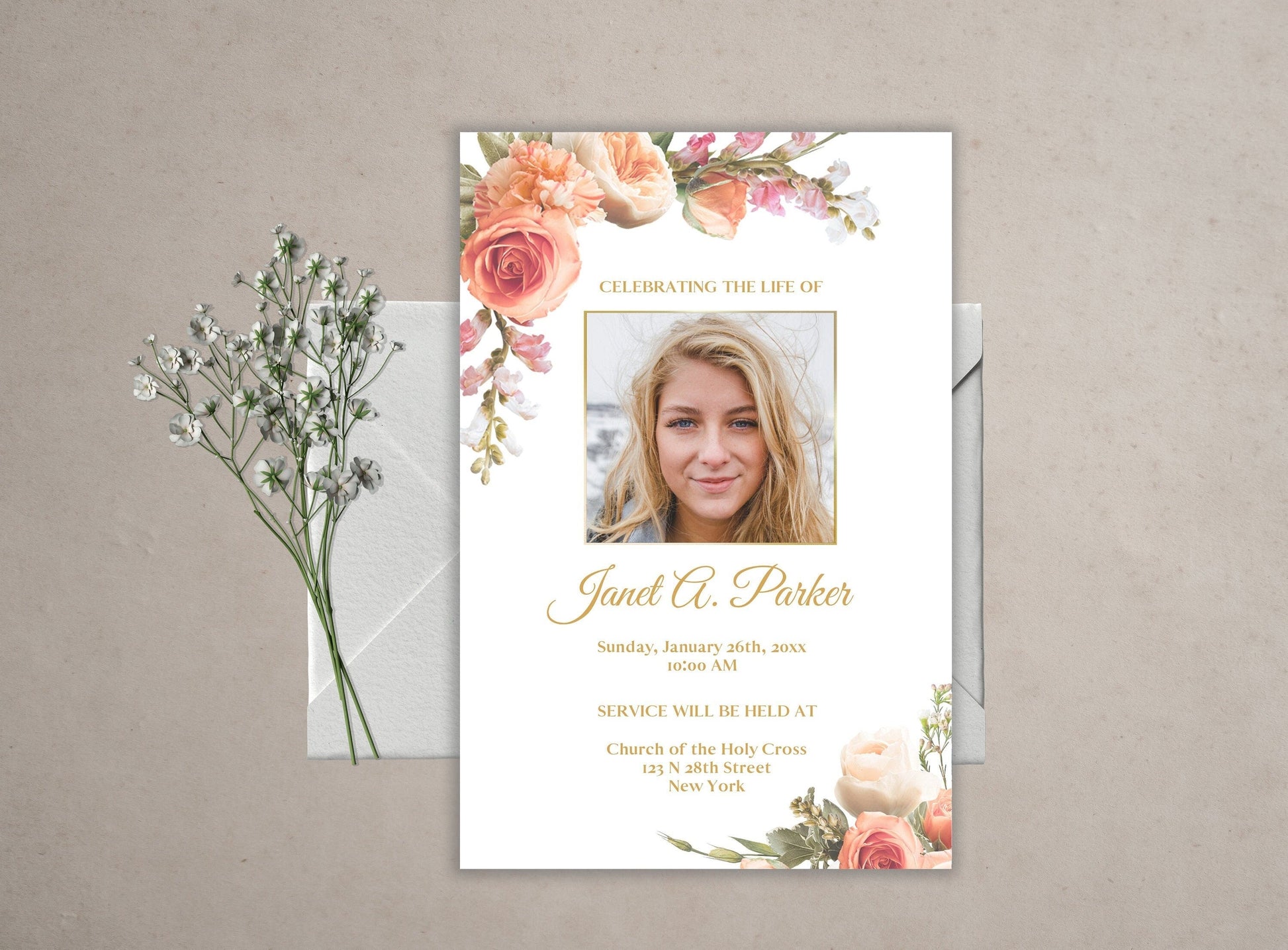 Peach Flower Funeral Announcement Template - lovingmemoryprints