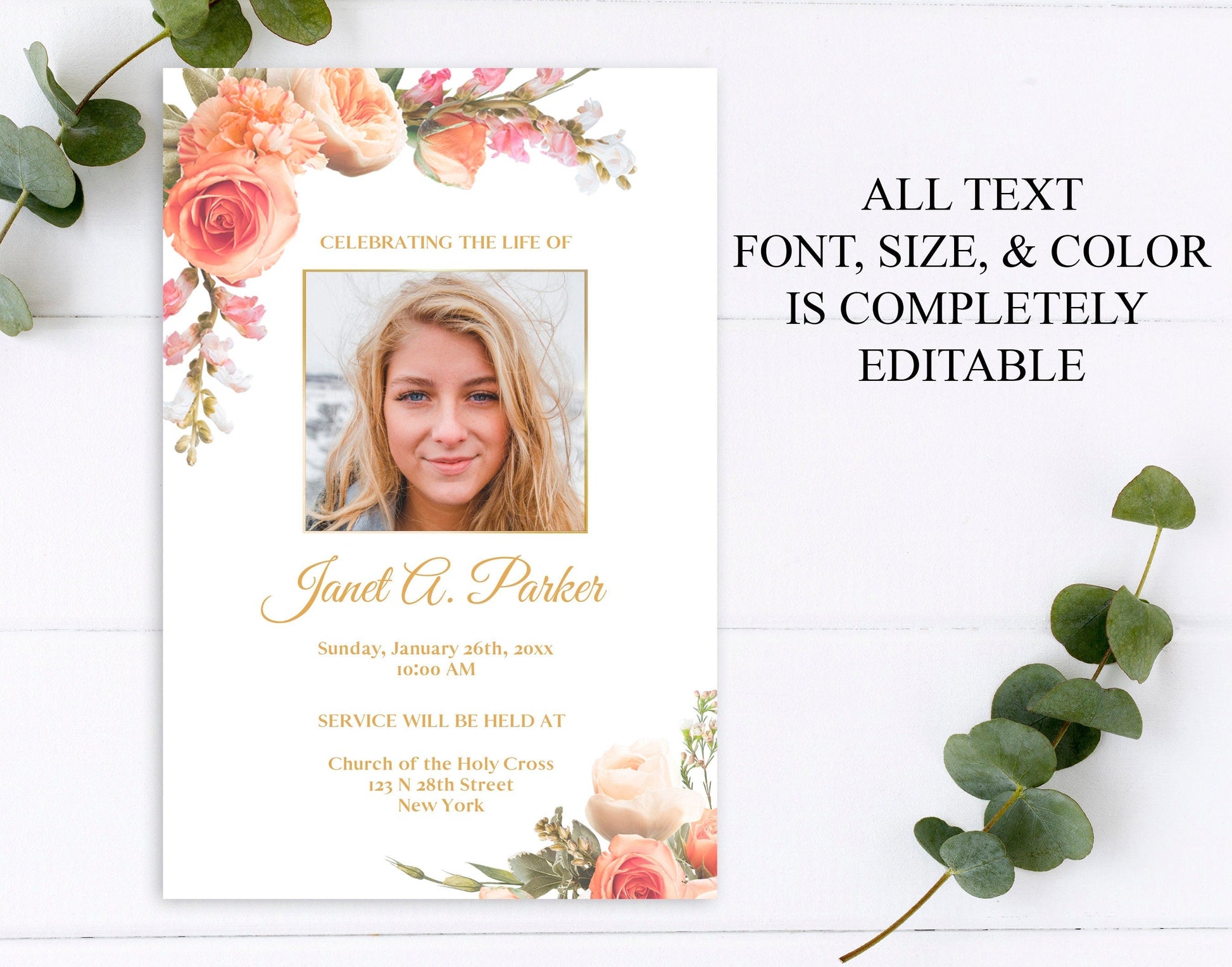 Peach Flower Funeral Announcement Template - lovingmemoryprints