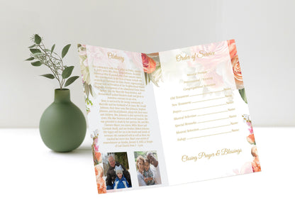 Peach Roses Design Funeral Program Template - 4 Page - lovingmemoryprints