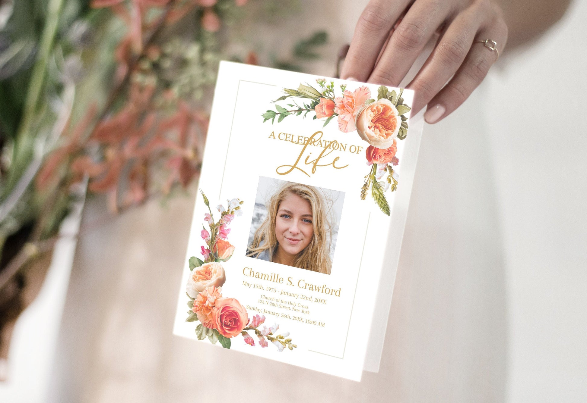 Peach Roses Design Funeral Program Template - 4 Page - lovingmemoryprints