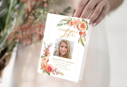 Peach Roses Design Funeral Program Template - 4 Page - lovingmemoryprints