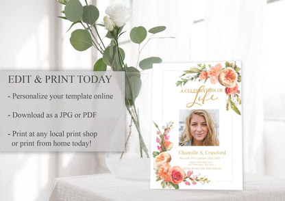Peach Roses Design Funeral Program Template - 4 Page - lovingmemoryprints