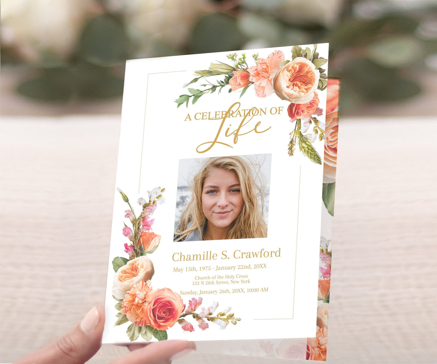 Peach Roses Design Funeral Program Template - 4 Page - lovingmemoryprints