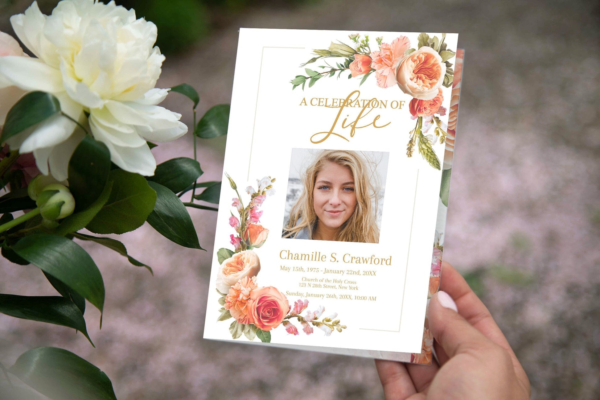 Peach Roses Design Funeral Program Template - 4 Page - lovingmemoryprints