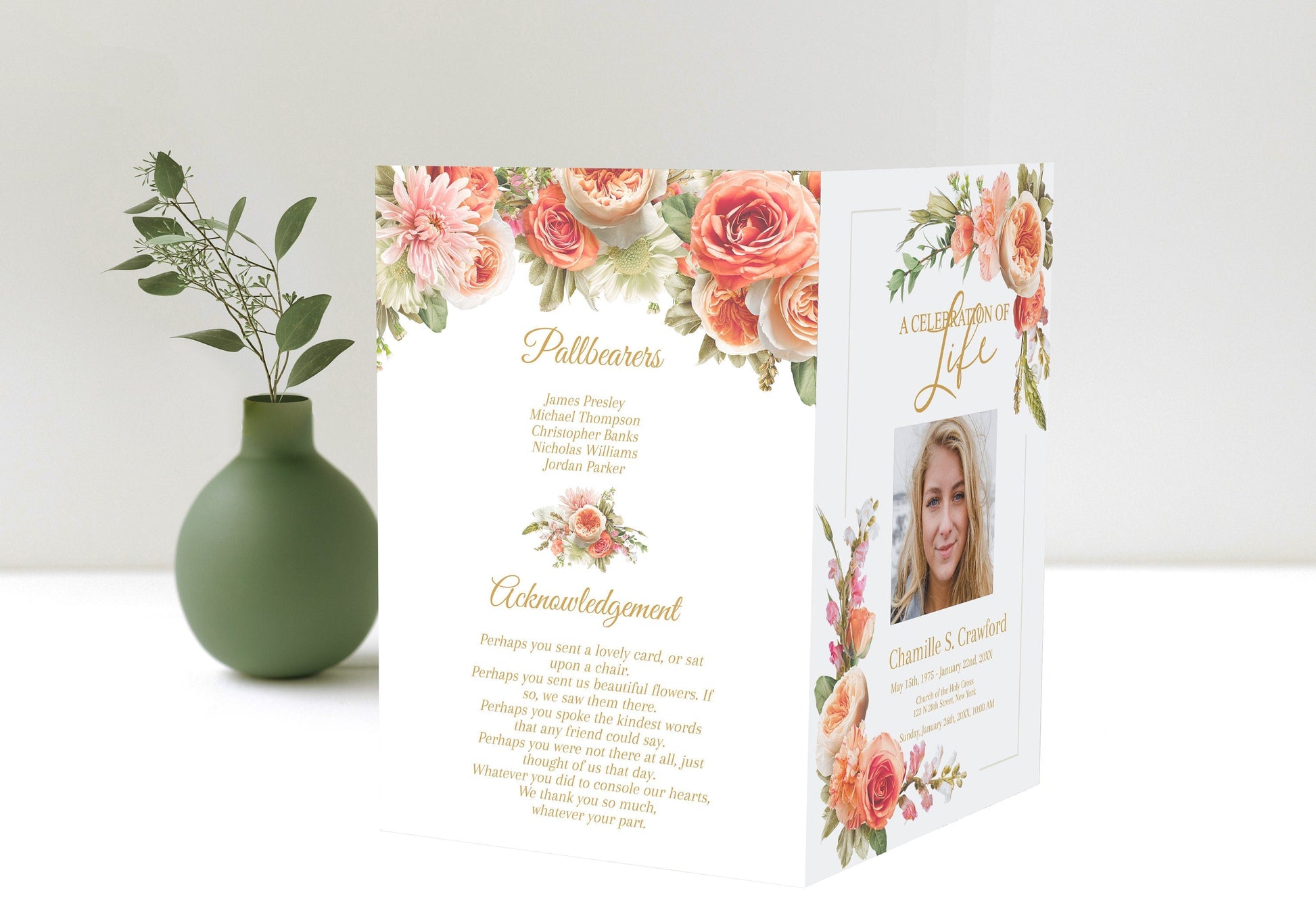 Peach Roses Design Funeral Program Template - 4 Page - lovingmemoryprints