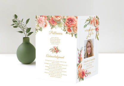 Peach Roses Design Funeral Program Template - 4 Page - lovingmemoryprints