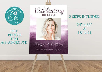 Purple Watercolor Themed Funeral Photo Display Posters - Set of 5