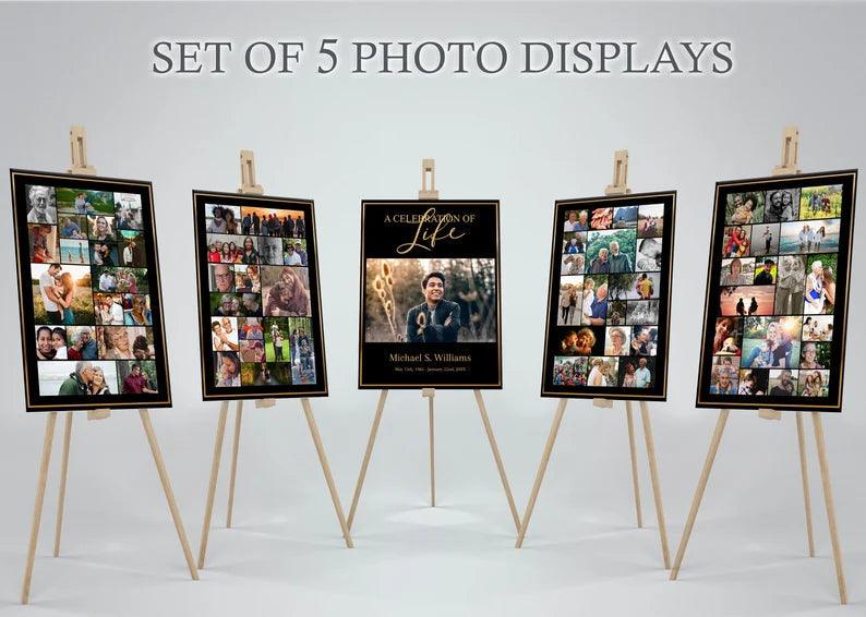 Black & Gold Theme Funeral Poster Display -Set of 5