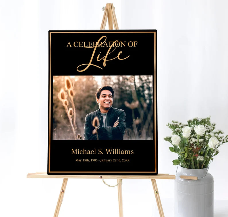 single black with gold frame and font funeral poster