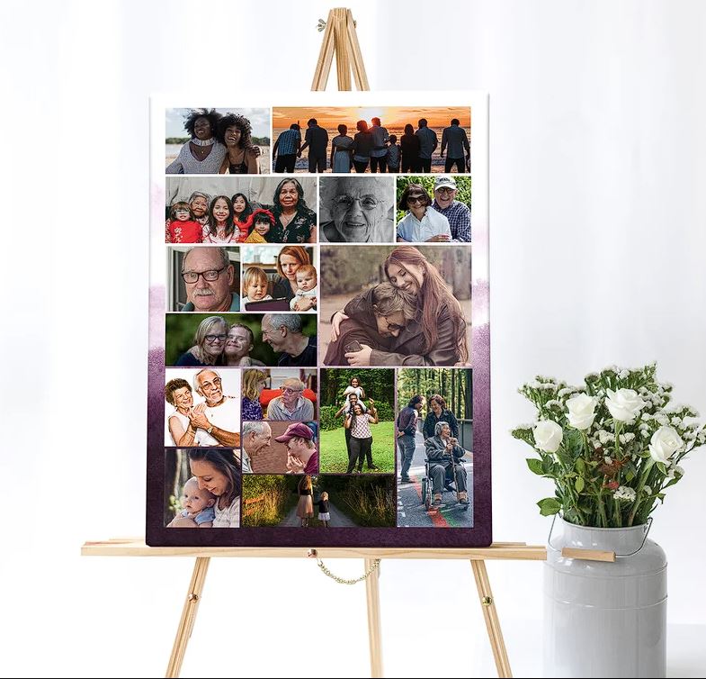 funeral poster with purple background on display. The poster has a nice photo display collage throughout.