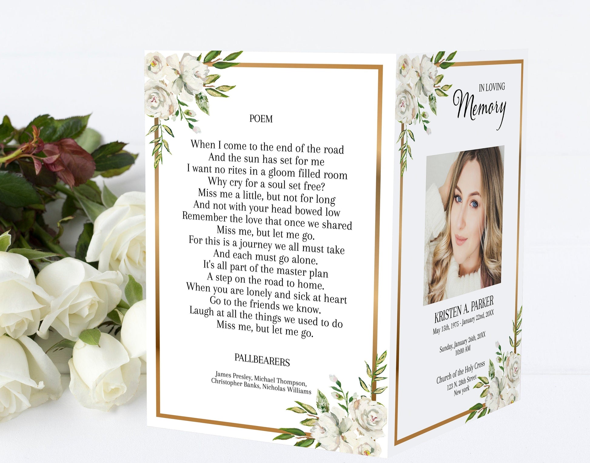 white-roses-funeral-program-template-for-woman-obituary-template-to-lovingmemoryprints for Free Printable Funeral Prayer Card Template White Roses Funeral Program Template for Woman | Obituary Template to – lovingmemoryprints for Free Printable Funeral Prayer Card Template
