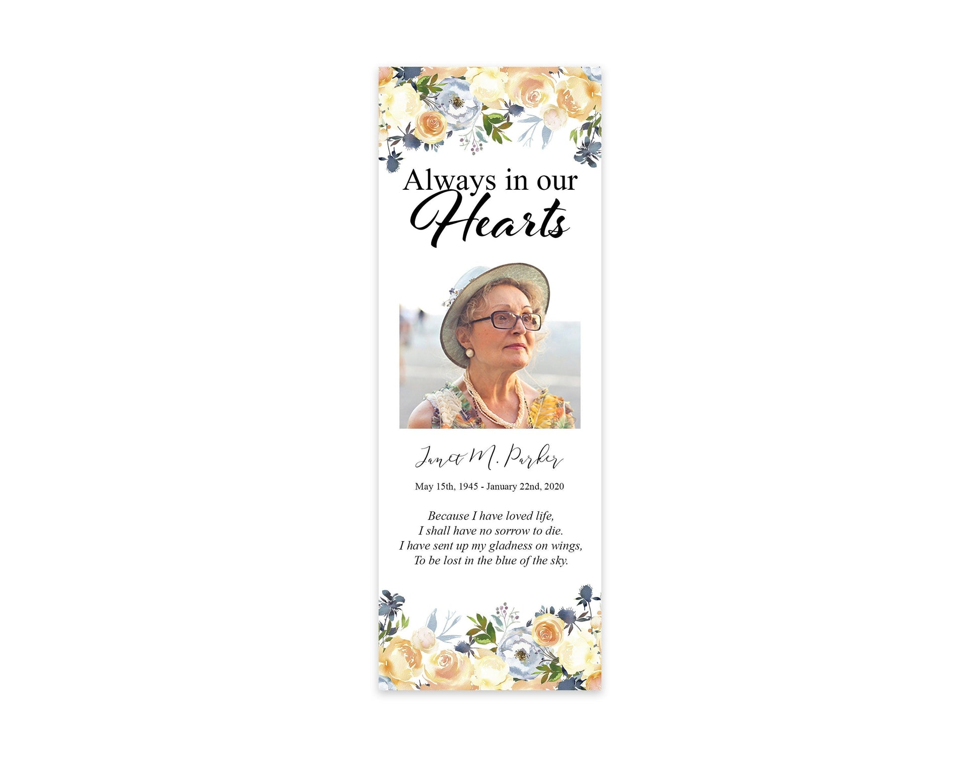 Yellow Rose Funeral Bookmark Keepsake Template - lovingmemoryprints
